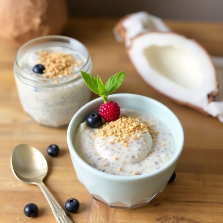 A glass jar of creamy coconut chia pudding topped with fresh blueberries and shredded coconut, placed on a wooden table."