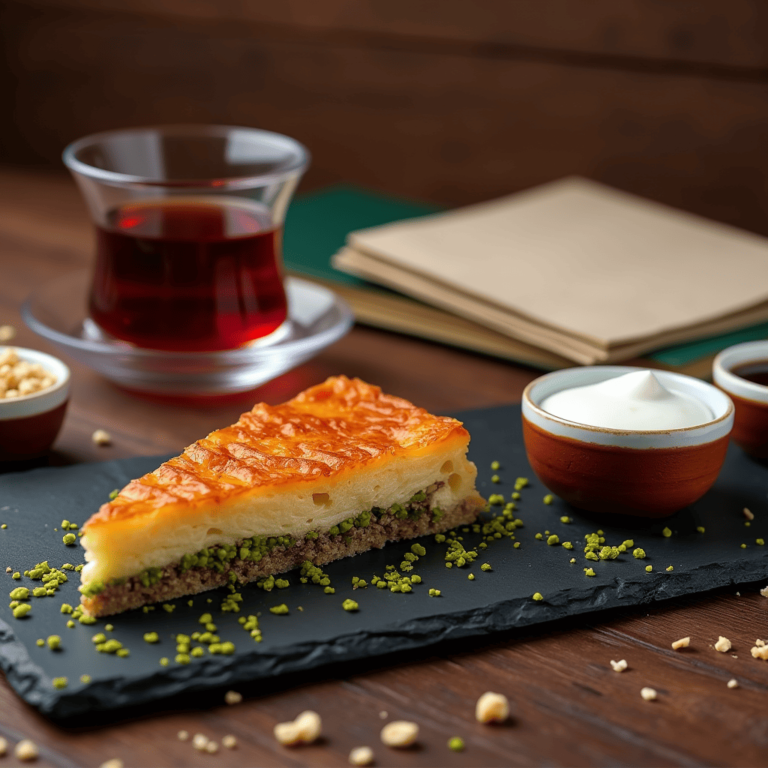 A close-up view of a plate of pistachio baklava, with golden