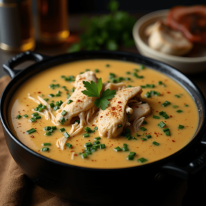 A bowl of Marry Me Chicken Soup served alongside a slice of golden, buttery garlic bread on a wooden table