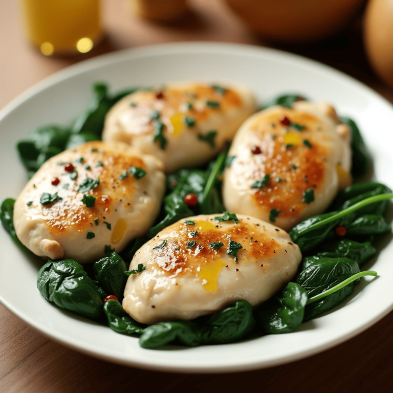 Fresh ingredients for chicken spinach recipe, including chicken breasts, spinach leaves, garlic, onions, olive oil, and spices arranged on a kitchen counter.