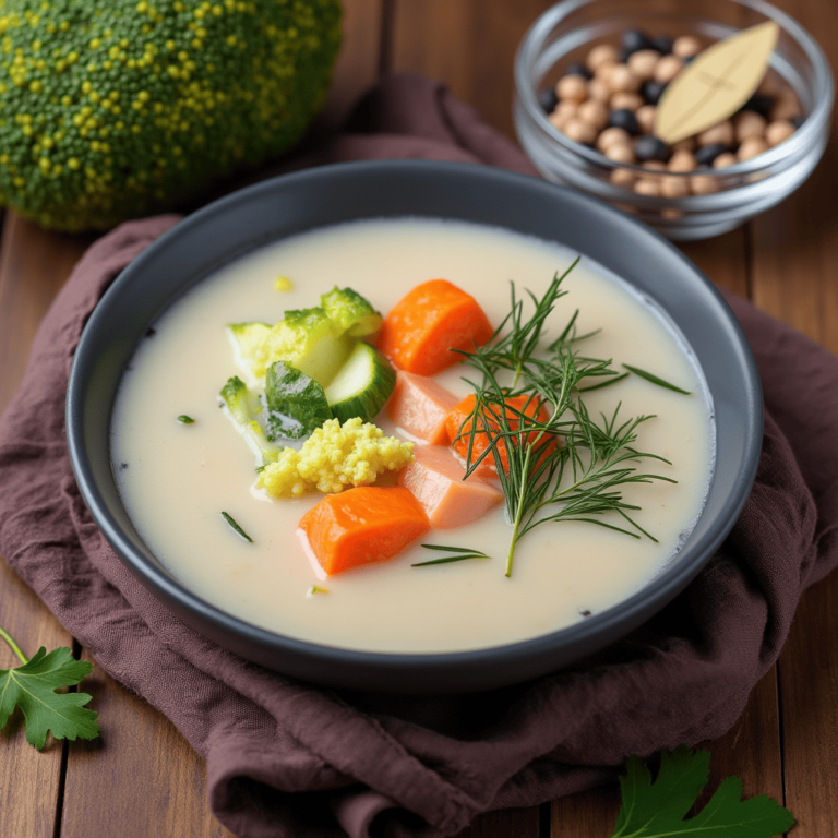 A bowl of creamy salmon soup served with a slice of crusty bread on a wooden table, showcasing the rich texture of the soup and fresh herbs as garnish