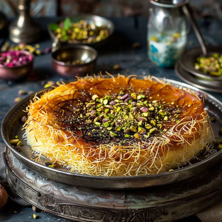 Close-up of golden-brown Kataifi rolls filled with nuts and drizzled with honey syrup, garnished with crushed pistachios