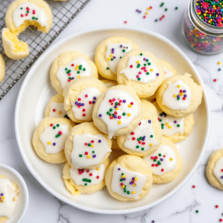 Golden ricotta cookies drizzled with a white glaze and topped with colorful sprinkles, perfect for holiday celebrations