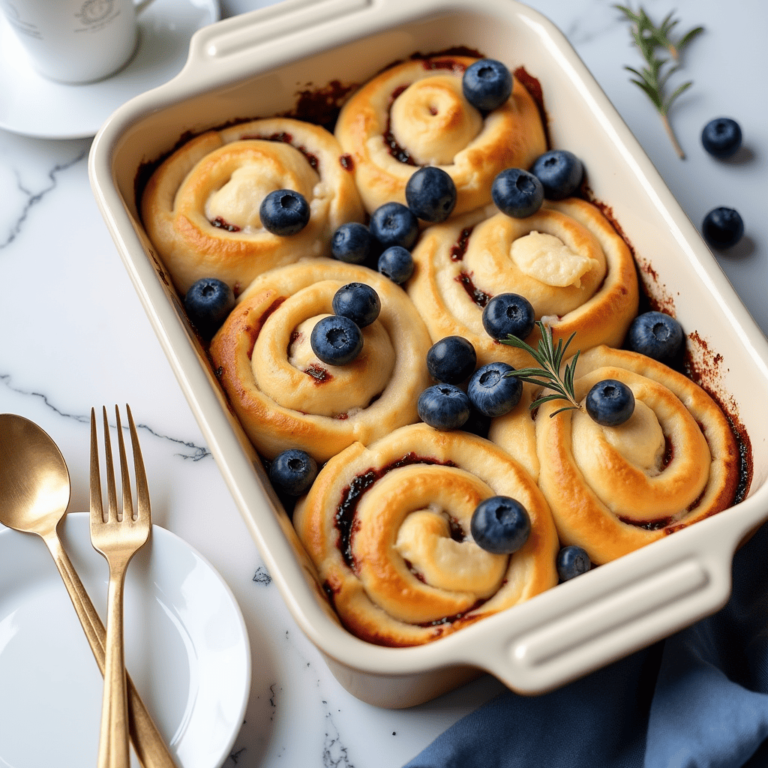 A baking dish filled with unbaked blueberry cheesecake rolls, showing swirls of creamy filling and fresh blueberries, ready to be baked