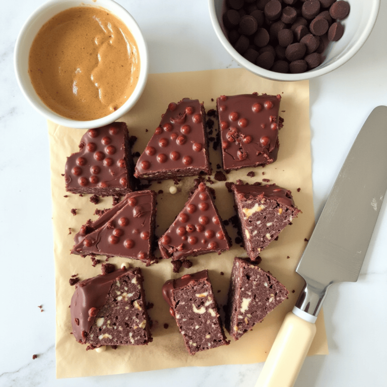 A plate of 3-Ingredient Chocolate Peanut Butter Crunch Bars, showing their rich chocolate coating and crispy texture, ready to be enjoyed as a quick and easy dessert.