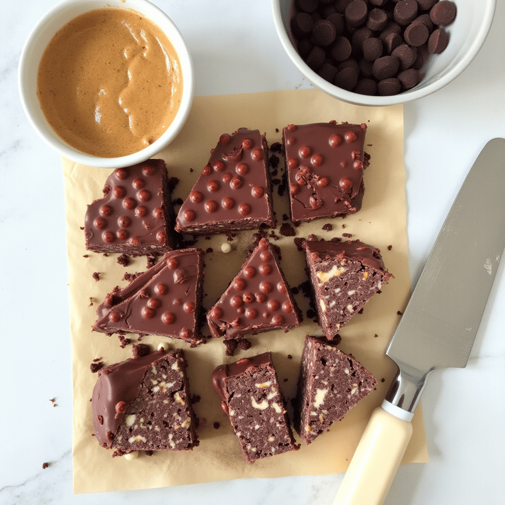 A plate of 3-Ingredient Chocolate Peanut Butter Crunch Bars, showing their rich chocolate coating and crispy texture, ready to be enjoyed as a quick and easy dessert.