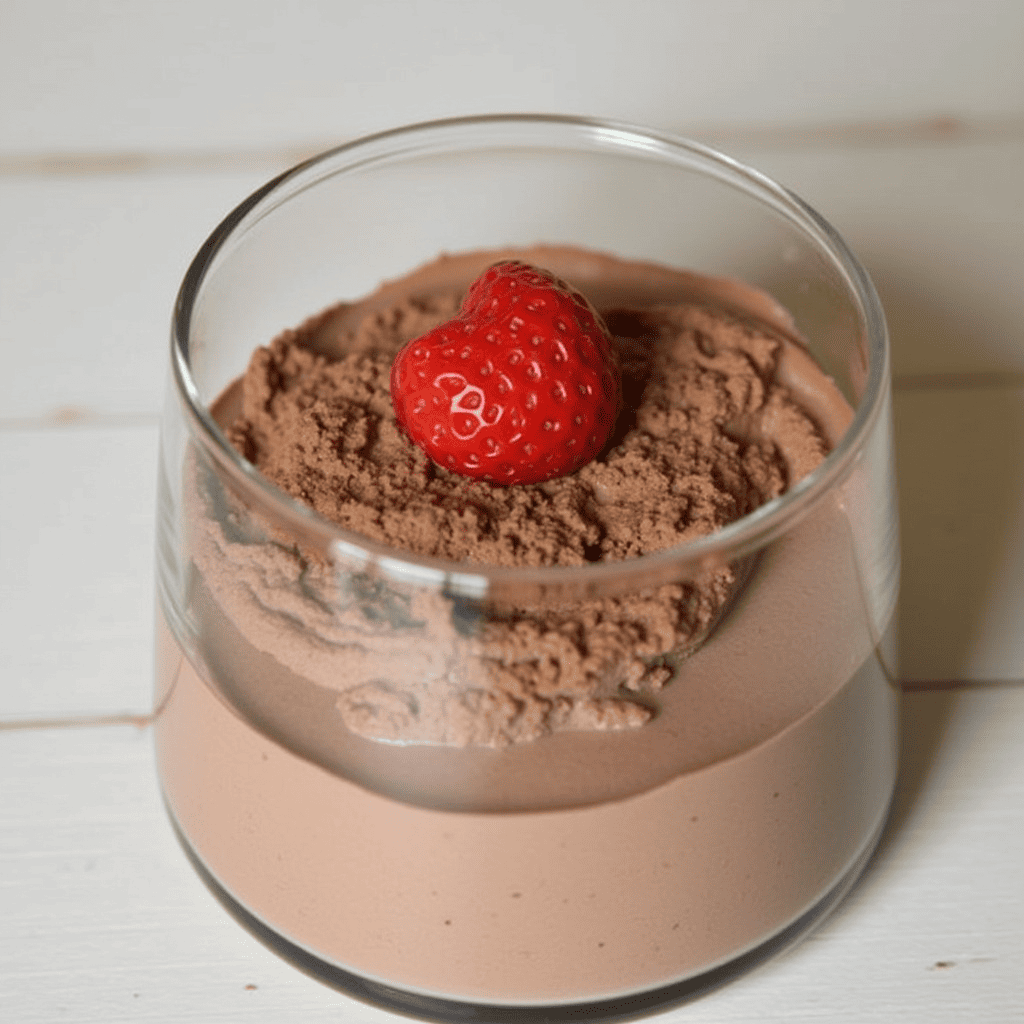 Easy Chocolate Mousse in clear glasses chilling in the refrigerator, ready to set