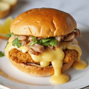 A crispy fried chicken cordon bleu sandwich with melted cheese and ham, served on a toasted brioche bun with lettuce and tomato, alongside a side of golden fries.