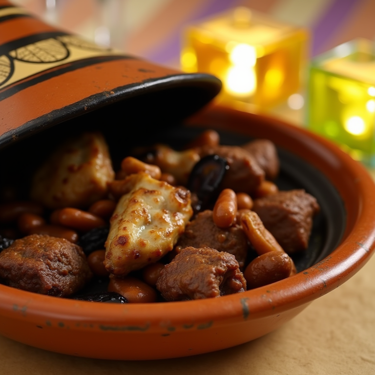 A family sharing a meal of Moroccan beef tagine, served with couscous and fresh herbs, at a dining table